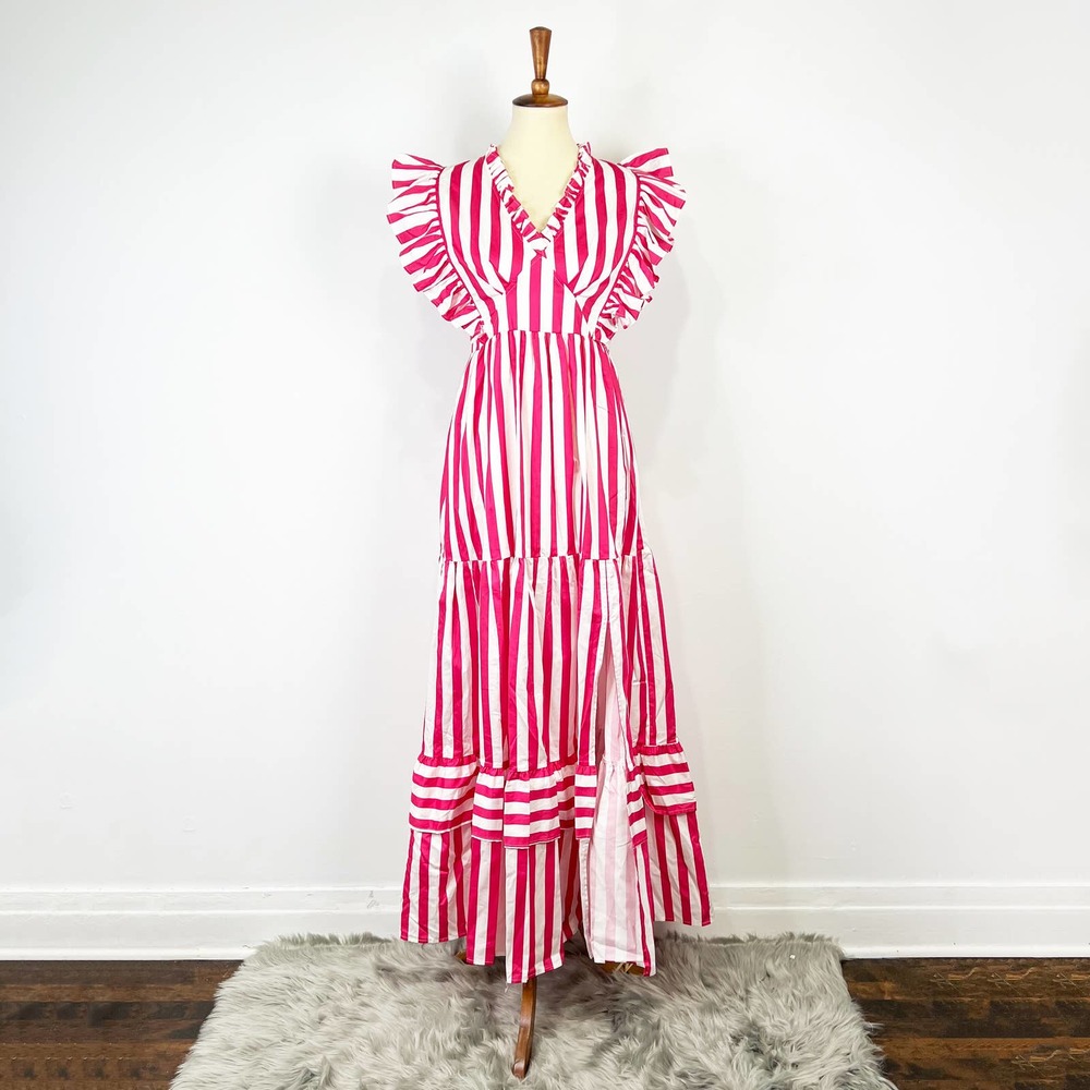 NWT La Roque Marlowe pink white striped maxi dress ruffle shoulders Size Medium